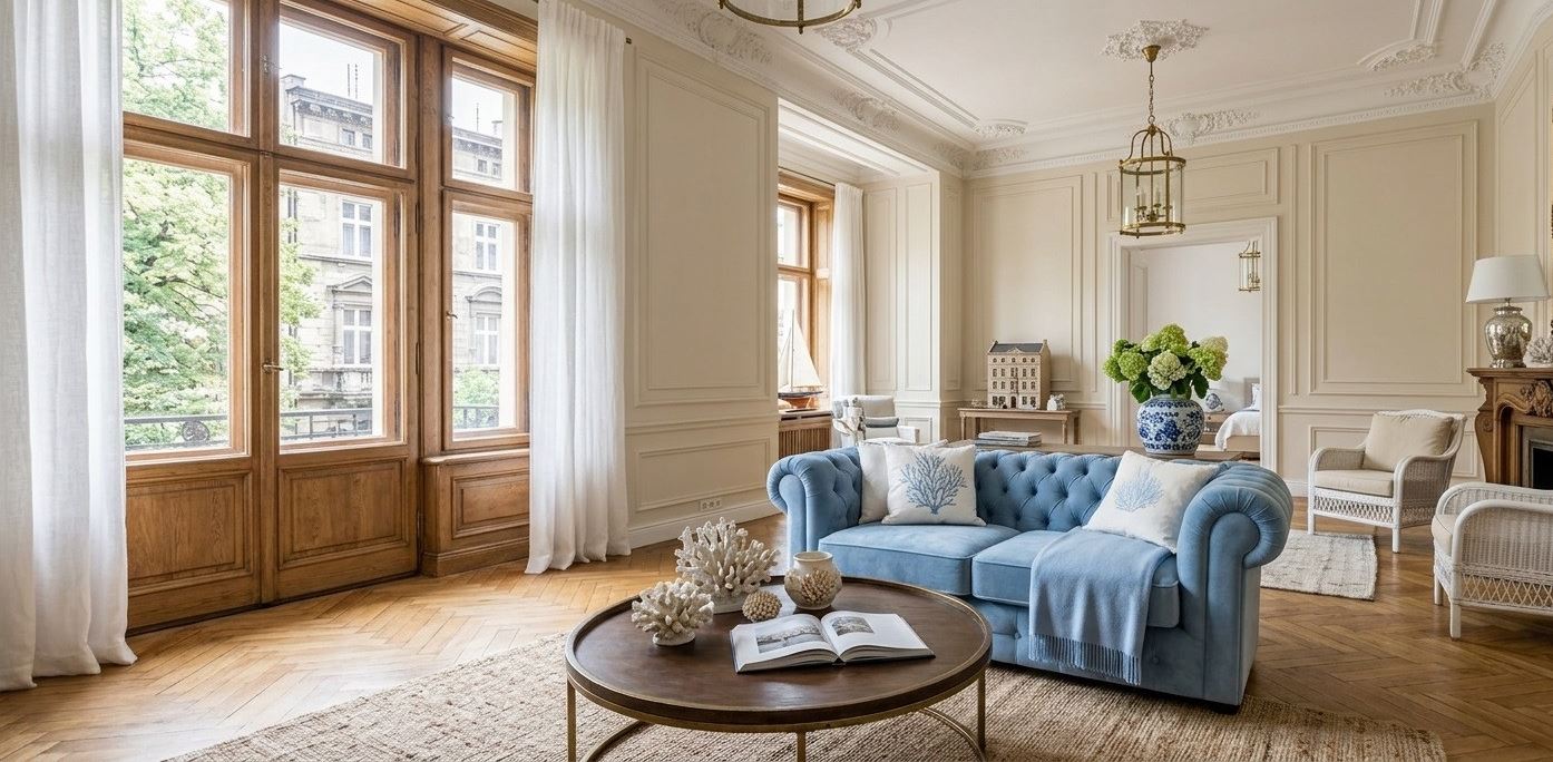 sofa chesterfield w salonie w stylu hampton